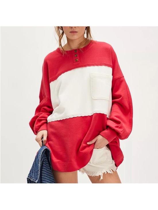 Free People Tops - Free People | NWOT Strawberry Crewneck Henley Sweatshirt in Red/White Large